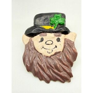 Vintage Leprechaun Face Pin St Patrick's Day Shamrock Hat Brooch